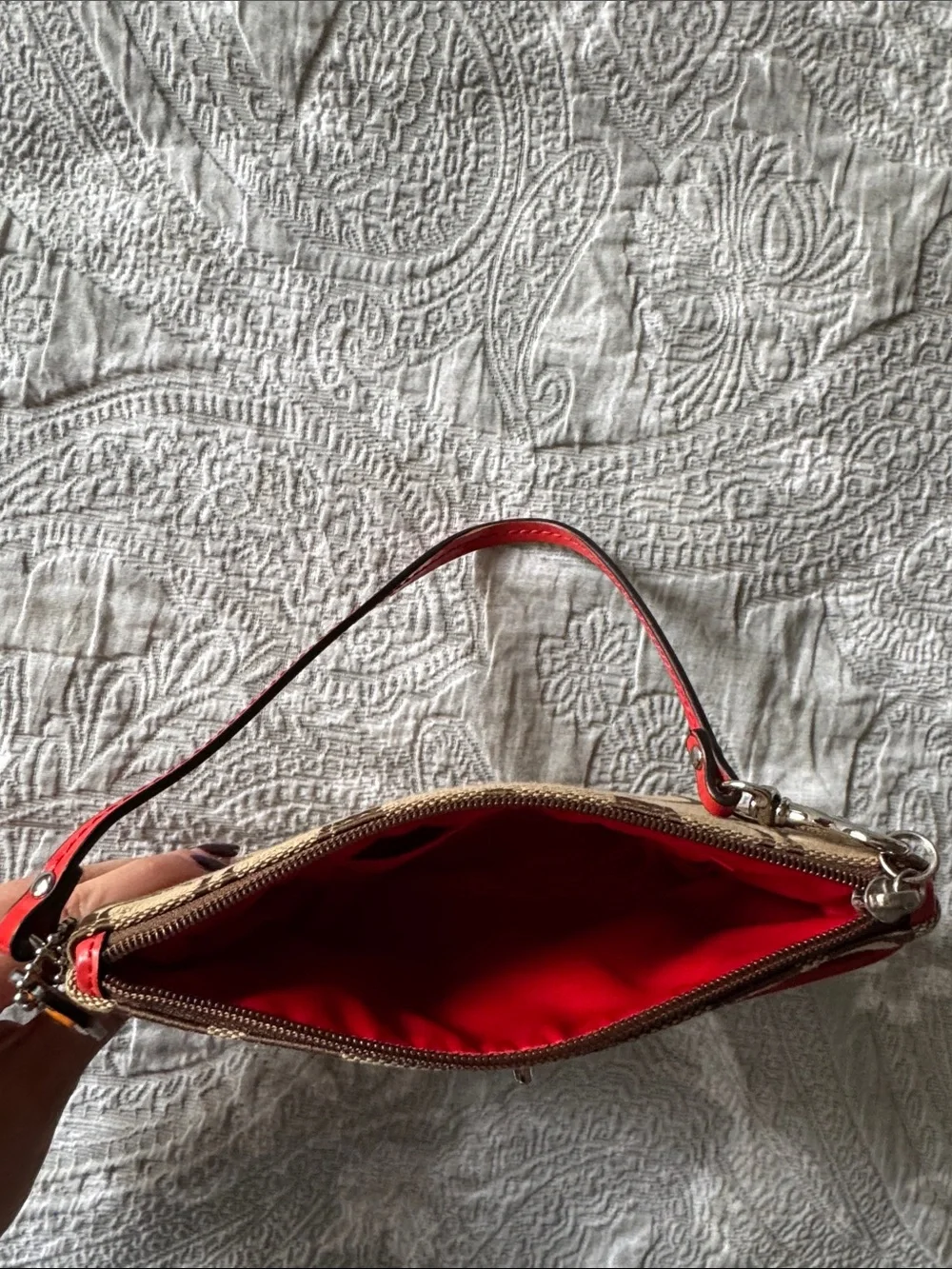 Designer-Inspired Brown Signature Wristlet with Red Trim